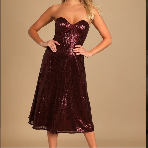 Lulu's wine red sequin strapless bustier dress - Picture 2 of 8